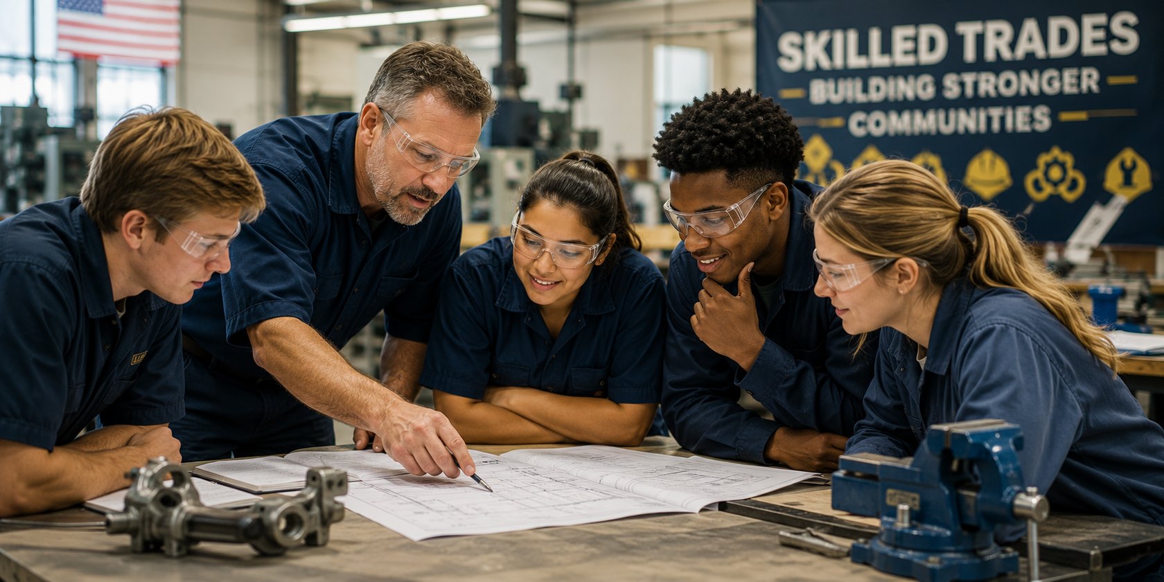 An instructor reviewing plans with trade students
