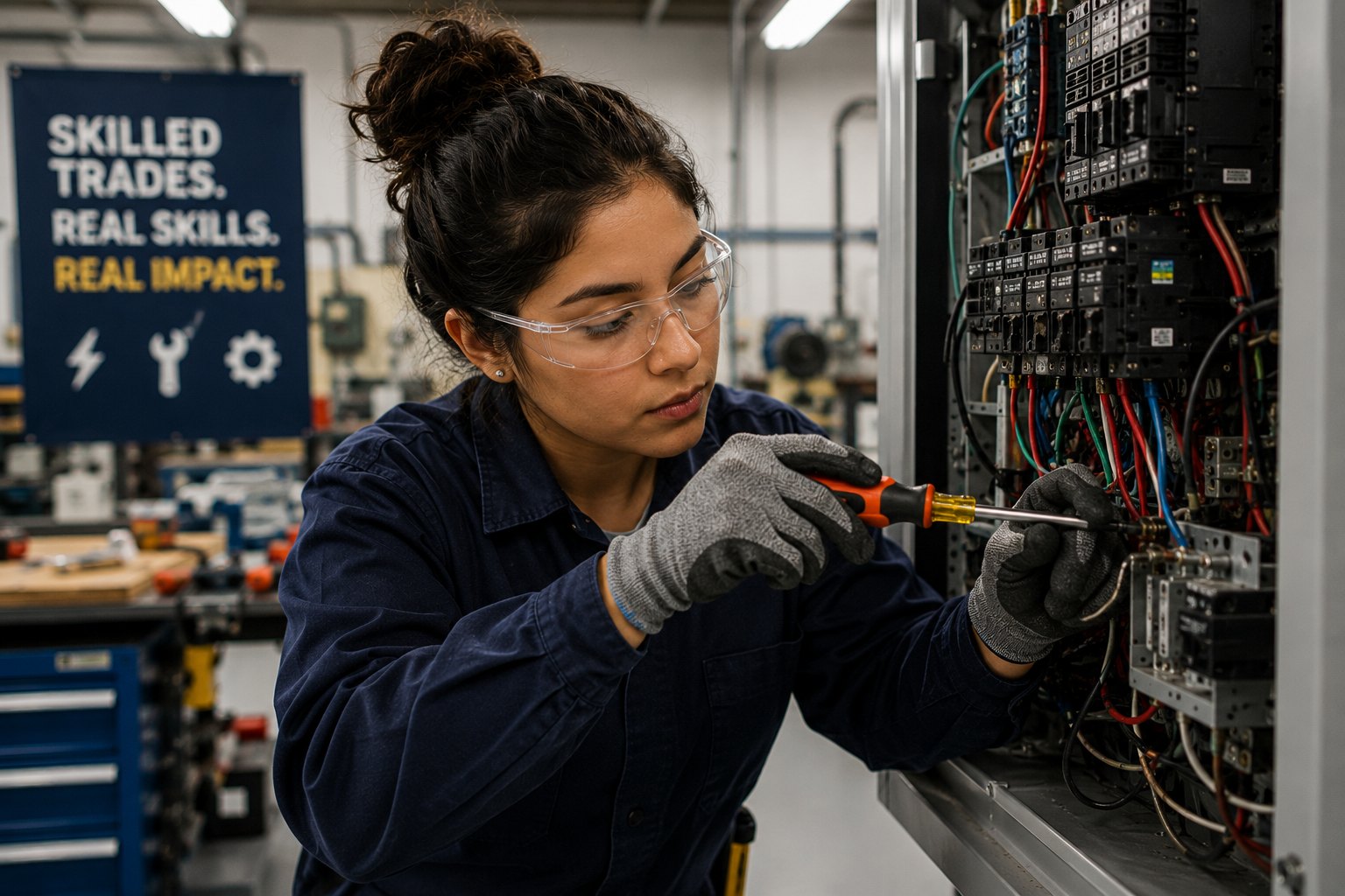 An electrician wiring a control panel