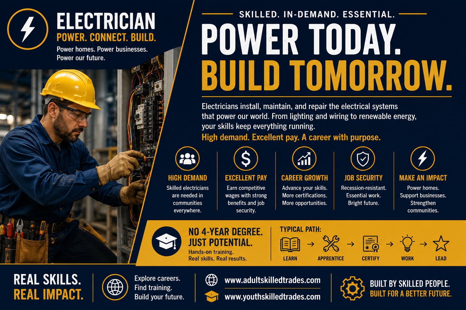 Electrician — Power Today Build Tomorrow career poster