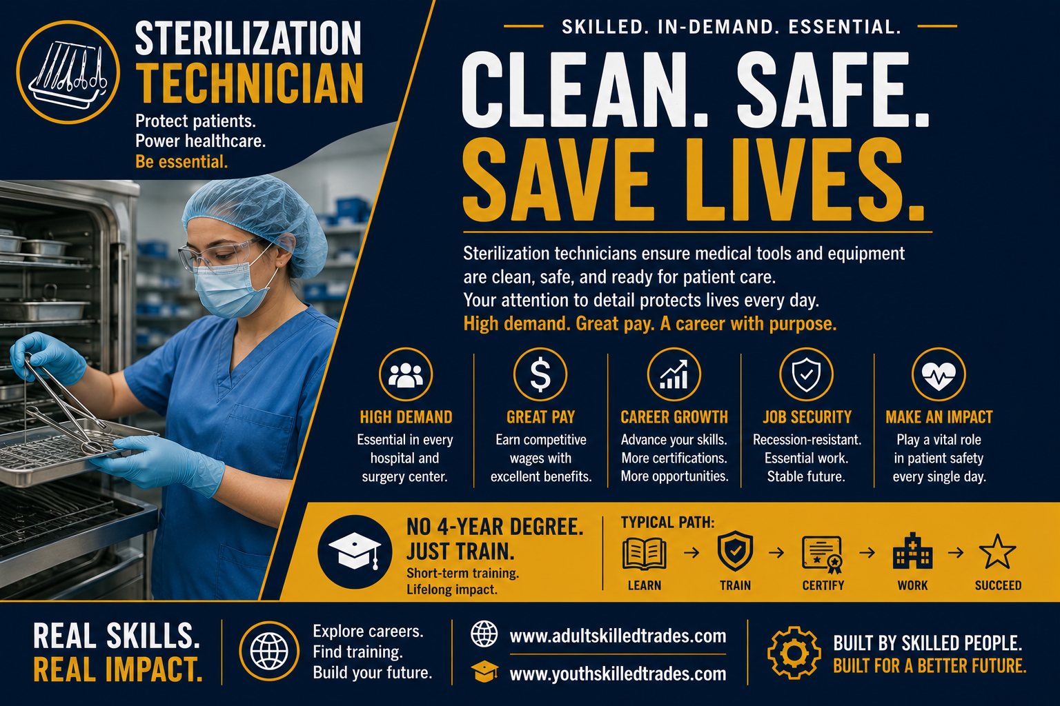 Sterilization Technician — Clean Safe Save Lives career poster