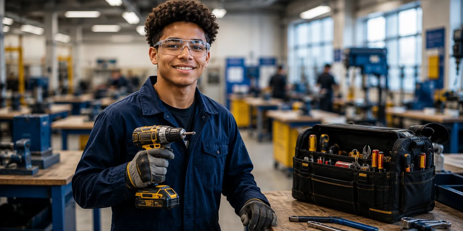 A young trades student with a drill